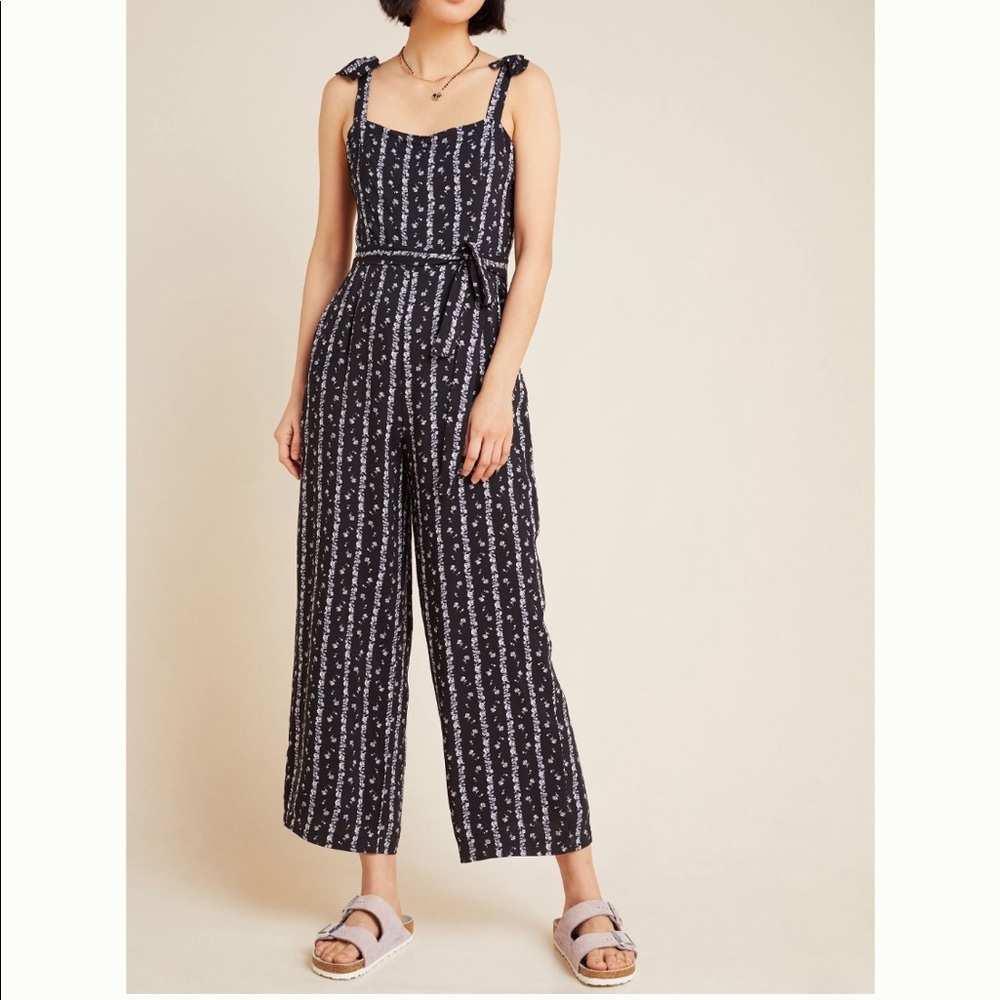 Anthropologie Black Floral Tie-Shoulder Jumpsuit
